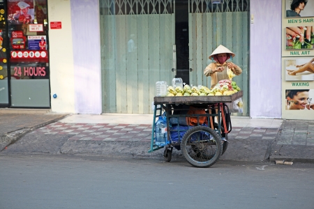 Fruit seller with a cart full of pomelo, mango and other fruit early in the morning on empty streets of Saigon, Vietnam.のeditorial素材