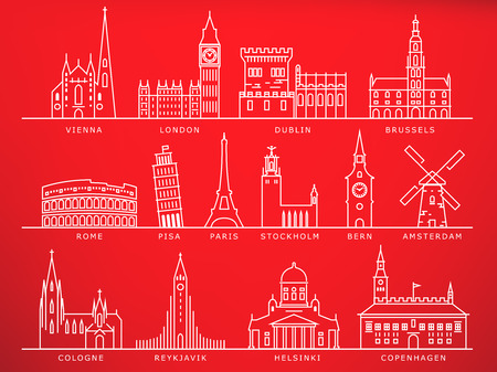 14 European Cities Landmarks, Linear Vector Styleのイラスト素材