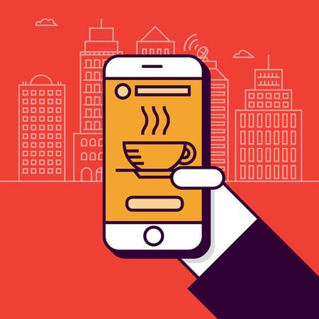 Coffee Ordering with Mobile Phone in Flat Linear Vector Styleのイラスト素材