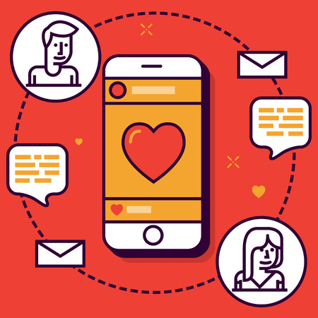 Online Dating Mobile App in Flat Linear Vector Styleのイラスト素材