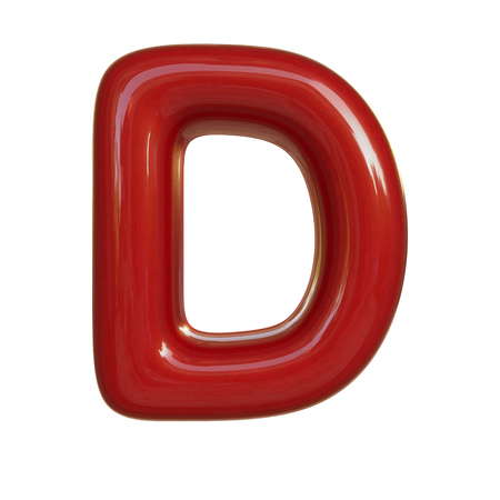 Glossy red paint letter D. 3D render of bubble font isolated on white backgroundの写真素材