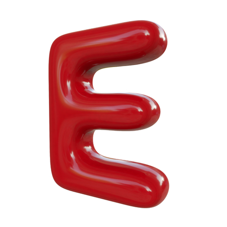 Glossy red letter E. 3D render of balloon font isolated on white backgroundの写真素材