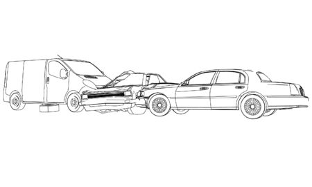 Car crash, car accident isolated on a white background. Car crash emergency disaster. Outline vector illustration.のイラスト素材