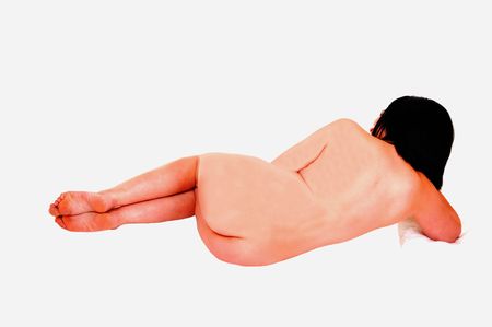 An middle age beautiful woman lying nude on the floor of a studio, with her back to the camera, for white background.の写真素材
