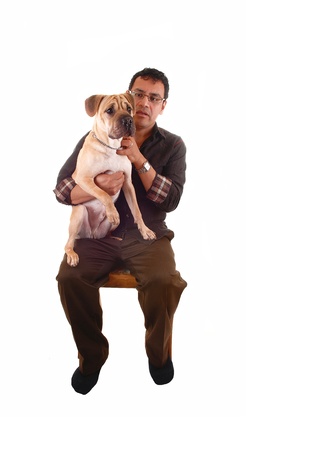 A middle age man has his sharpei puppy dog on his lap, looking very concerned for white background の写真素材