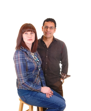 The portrait of a couple, Hispanic and Caucasian in there forties  She withred hair and he in brown clothing, for white background の写真素材