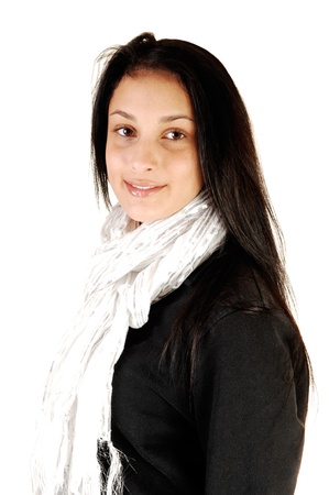 A closeup portrait shot of a teenage girl in a black jacket and whitescarf for white background の写真素材