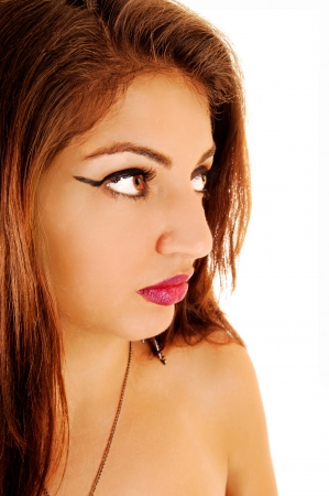 A closeup picture of the face and shoulder of a very pretty young womanwith brunette hair for white background の写真素材