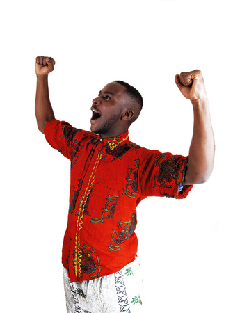 A very happy African American young man raising his hands, for whitebackground の写真素材