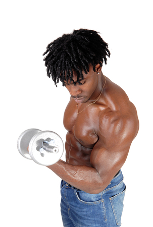 A close up image of an African American man standing shirtless
and working out with his dumbbell, isolated for white backgroundの写真素材