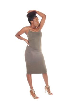 A beautiful young African American female standing in a tight
gray dress, showing her figure, isolated for white backgroundの写真素材