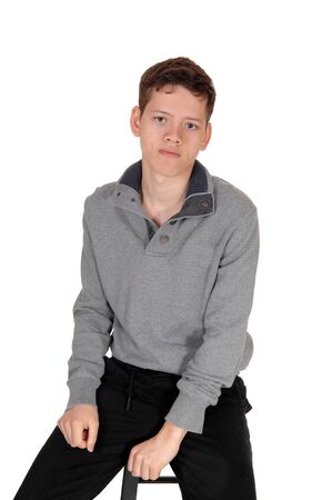 A happy young teenage boy sitting on a chair in the studio in a gray
sweater, looking into the camera, isolated for white background
の写真素材