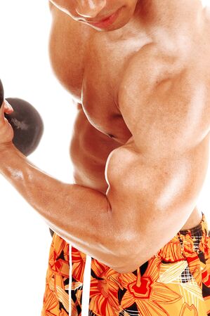 The big biceps of a bodybuilder working out with a dumbbell in a close up
image, isolated for white backgroundの写真素材