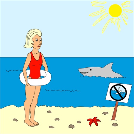 Girl with lifebuoy on the beach and shark in the seaのイラスト素材