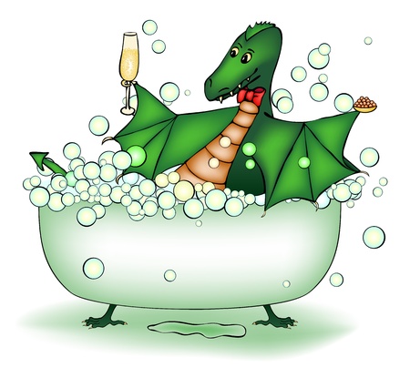 Green dragon relax in bath with champagne and caviarのイラスト素材