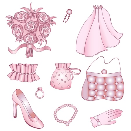 Set of rose wedding accessories isolated on whiteのイラスト素材