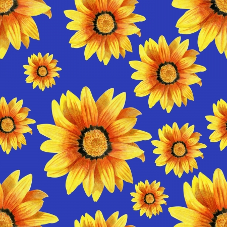 Dahlia flower seamless pattern on blue backgroundの写真素材