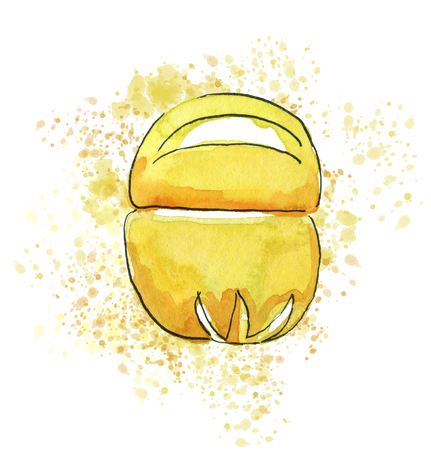 Hand-drawn sketch with spherical yellow woman s perfume bottle. Watercolor and ink fashion illustration. Template for card, banner, fabric, invitationの写真素材