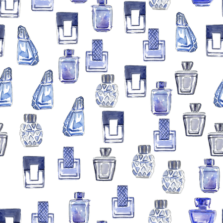 Seamless pattern with hand-drawn sketches of man' s perfume bottles. Watercolor and ink fashion illustration. Template for card, banner, fabric, invitation and scrapbooking. Surface designの写真素材