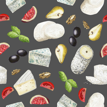 Watercolor seamless pattern with white cheese on darkの写真素材