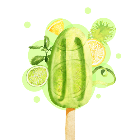 Bright poster with green lime  on whiteの写真素材