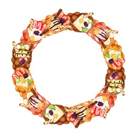 Watercolor wreath with bright sweet bubble waffles on whiteの写真素材