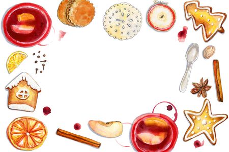 Cozy red and brown horizontal composition with mulled wine, bakery and place for textの写真素材