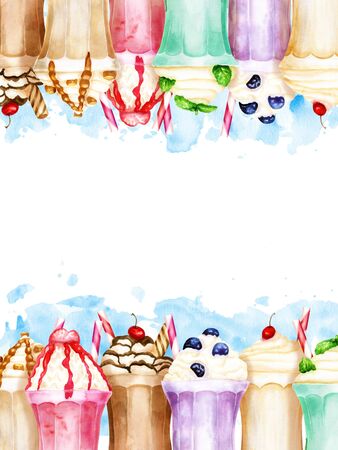 Watercolor vertical background with bright sweet milkshakes on blue paint splashesの写真素材