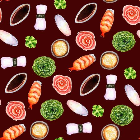 Watercolor seamless pattern with Japanese nigiri sushi on dark red backgroundの写真素材