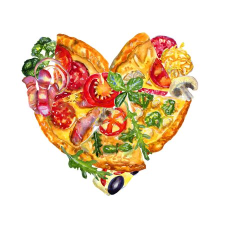 Watercolor heart shaped composition with pizza and ingredients on whiteの写真素材