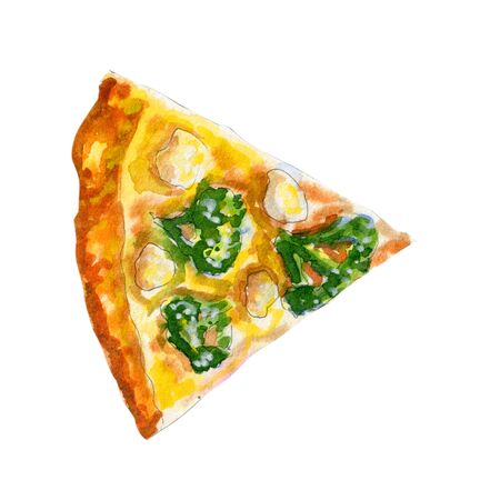 Watercolor slice of vegetarian pizza with cheese and broccoli isolated on white background. Flat lay, top view of Italian fast foodの写真素材