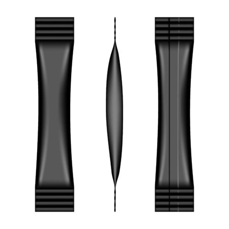 Realistic blank black stick sachet isolated on white background. Vector pack mockup for product design and branding. Blank food paper, foil or plastic package templateのイラスト素材