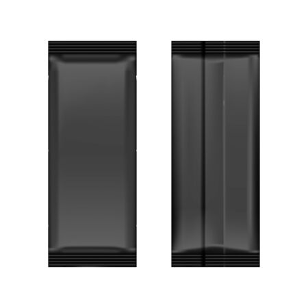 Realistic front and back sides of black blank flow pack isolated on white backgroundのイラスト素材