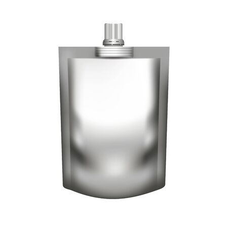 Realistic silver stand up pouch doypack with top spout isolated on white background. Vector pack mockup for product design and branding. Blank food foil or plastic packageのイラスト素材