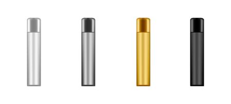 Set of 3d metal bottles mockup - white, black, silver, gold. Realistic vector beauty illustration for package design. Blank medicine, cosmetic and hygiene package templateのイラスト素材