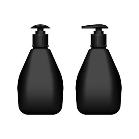 Realistic 3d black liquid soap bottle mockup isolated on white background. Vector illustration for package design. Blank medicine, cosmetic, household and hygiene pack templateのイラスト素材