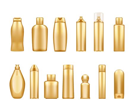 Gold cosmetic bottles mockups isolated on white background: shower gel, shampoo, lotion, spray. Plastic package design. Blank cosmetic, hygiene and skin care template. Set of 3d vector illustrationsのイラスト素材