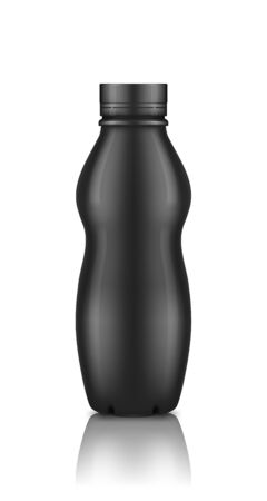 Black plastic yogurt bottle with screw cap mockup isolated on white background. Packaging design. Blank nutrition dairy product template - milk, juice, tea container. 3d realistic vector illustrationのイラスト素材