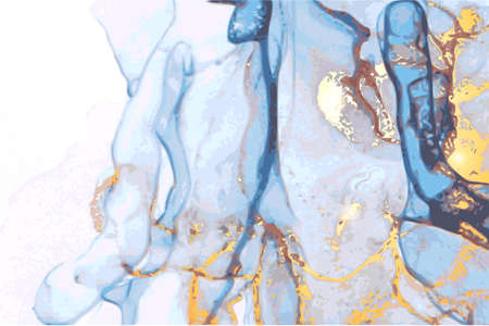 Marble effect blue, gray, gold stone texture. Alcohol ink oriental technique abstract vector...