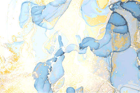 Ocean blue, and gold stone background with texture of marble. Alcohol ink oriental technique....