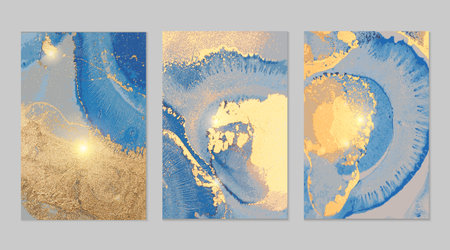 Set of templates for banner, poster design with gold and blue marble patternのイラスト素材