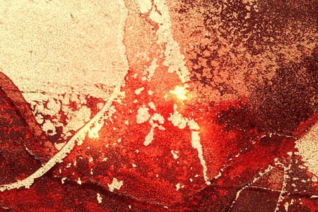 Red, maroon and gold pattern with texture of marble and sparkles. Abstract vector background in...