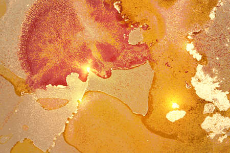 Yellow, red and gold abstract background. Alcohol ink marble texture