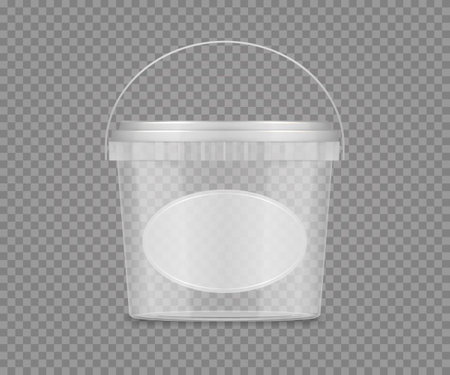 Empty transparent jar mockup with label nd handle for cheese, ice cream, mayonnaise, yogurt. Plastic package design. Blank beauty or food product container template. 3d vector illustrationのイラスト素材