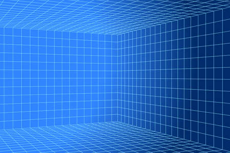 Blue and white 3d digital two points perspective grid roomのイラスト素材