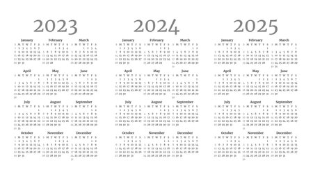 Set of monochrome monthly calendar templates for 2023, 2024, 2025 yearsのイラスト素材