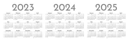 Set of black and white monthly calendar templates for 2023, 2024, 2025 yearsのイラスト素材