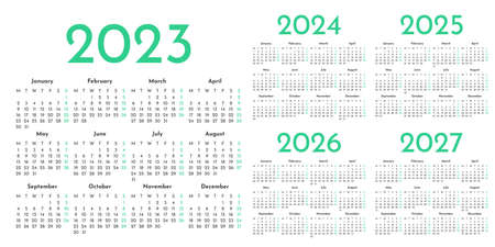 Set of green and white monthly calendar templates for 2023, 2024, 2025, 2026, 2027 yearsのイラスト素材