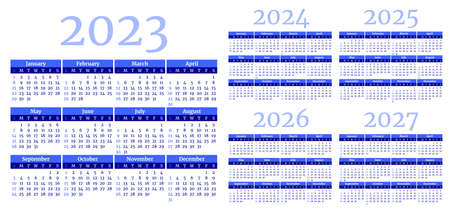 Set of blue monthly calendar templates for 2023, 2024, 2025, 2026, 2027 years