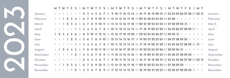 Gray simple linear calendar template for 2023 with week starts on Monday